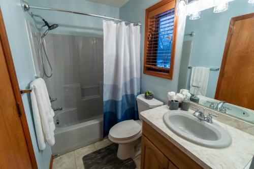 a bathroom with a sink and a toilet and a shower at Harmony Hill Stylish 4bd Mountain Retreat, Hot Tub, Games in Bushkill