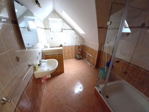 Baño en el ático con lavabo y ducha en Apartments in Borgata - Nordtransdanubien 45815, en Mesteri