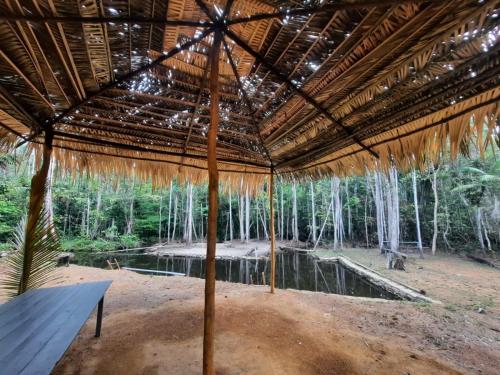 une grande cabane en paille avec un étang dans les bois dans l'établissement GIGANTE DA BELA VISTA KM 31 ESTRADA SANTA MARIA 2KM DE RAMAL, à Iranduba