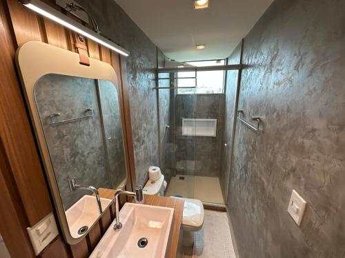 a bathroom with a sink and a mirror and a toilet at Suite Requinte da Serra in Miguel Pereira