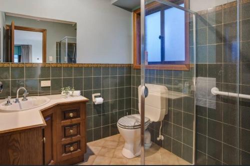 ein Badezimmer mit Toilette, Waschbecken und Spiegel in der Unterkunft Oliver's Homestead - An Idyllic Vineyard Retreat in McLaren Vale