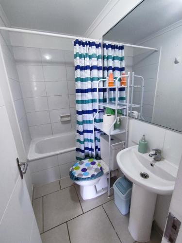 uma casa de banho com uma cortina de chuveiro, um WC e um lavatório. em Departamento de 2 dormitorios y 1 baño em Arica