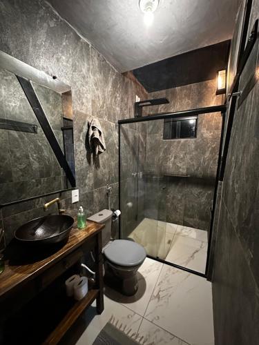 a bathroom with a shower and a toilet and a sink at Cabana Energia em Pirenópolis in Pirenópolis