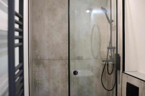 prysznic ze szklanymi drzwiami i głowicą prysznicową w obiekcie CloudBase w mieście Tukhlya
