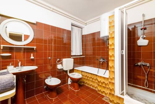 La salle de bains est pourvue de toilettes, d'un lavabo et d'une douche. dans l'établissement Apartments with a parking space Rabac, Labin - 19055, à Rabac