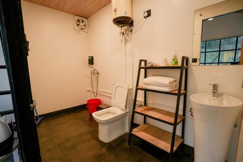 a bathroom with a toilet and a sink at The Hillside Cottages in Kanatal