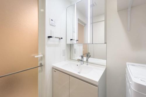 a white bathroom with a sink and a mirror at Sakuramichi Terrace in Tokyo