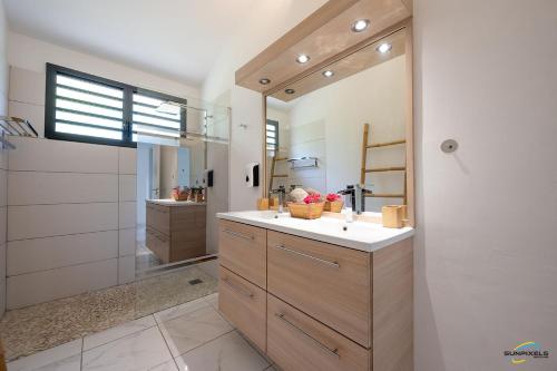 y baño con lavabo, ducha y espejo. en Villa Palm Diamond Jacuzzi & Piscine privés, en Le Diamant