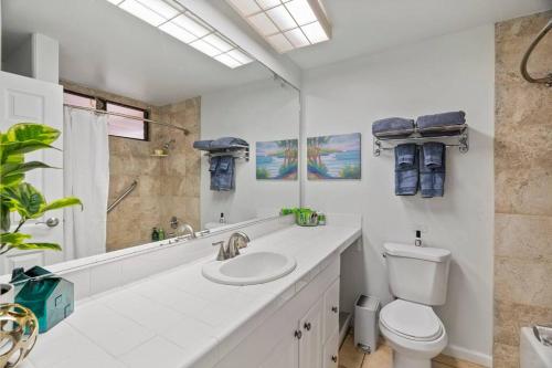 a bathroom with a sink and a toilet and a mirror at Ground floor Banyon Harbor in Lihue