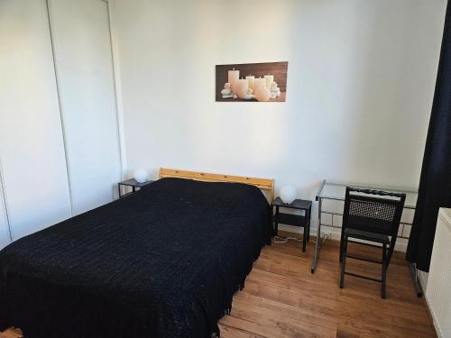 Un dormitorio con una cama y dos sillas y una mesa. en Appart T2 Quartier Beaujardin, en Tours