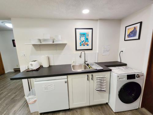 een keuken met een wastafel en een wasmachine bij Ocean's Edge Suite in Campbell River