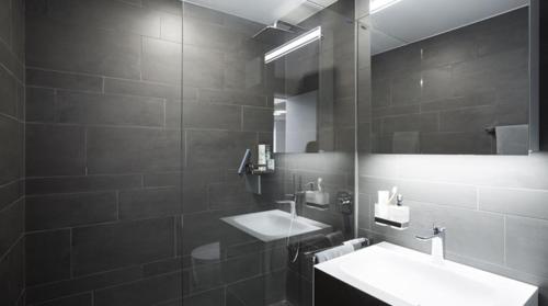 a bathroom with two sinks and a mirror at Les Cubes in Martigny-Ville