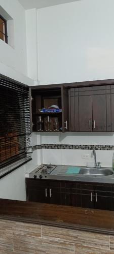 - une cuisine avec des placards en bois et un évier dans l'établissement Aparta Estudio en Puerto Berrio, à Puerto Berrío