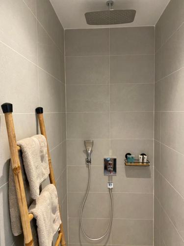 a bathroom with a shower with a shower head at Villa TE URA Beach in Paea