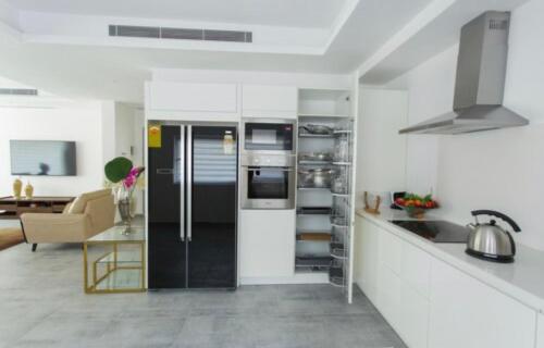 a kitchen with a refrigerator and a living room at Luxurious King Suite Two Bedroom Space Available in Accra