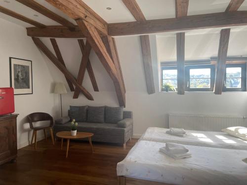 a living room with a bed and a couch at Gästezimmer an der Stadtmauer in Besigheim
