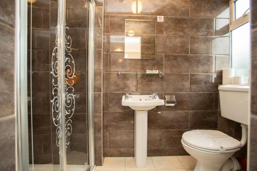 e bagno con servizi igienici, lavandino e doccia. di Whitaker Lodge Bed & Breakfast a Castlepollard