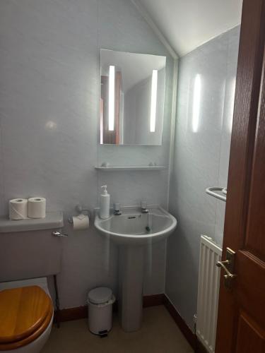 a bathroom with a sink and a toilet and a mirror at Fairburn Activity Centre in Contin