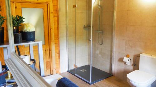 a bathroom with a shower and a toilet at EKWADOR Hotel Ośrodek Jeździecki in Barczewo