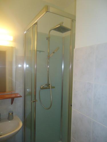 une douche avec une porte vitrée à côté d'un lavabo dans l'établissement Logis Hotel Du Champ De Foire, à Saint-Aulaye