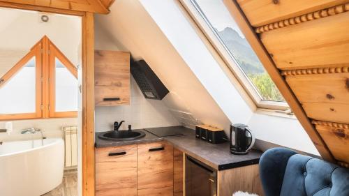eine kleine Küche in einem winzigen Haus mit Spüle in der Unterkunft Aparthotel Delta Garden in Zakopane
