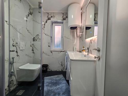 een badkamer met een wastafel, een toilet en een spiegel bij Tiny Rose Studio in Tirana