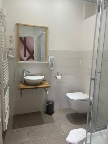 a bathroom with a sink and a toilet and a mirror at Gästezimmer an der Stadtmauer in Besigheim