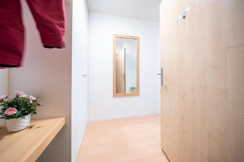 a door leading into a room with a mirror at 3202 Wunderschoene, frisch renovierte Wohnung mit viel Charme und moderner Optik in Vulpera