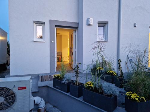 a house with plants in pots on the side of it at Haus Eichkogel Guntramsdorf in Guntramsdorf
