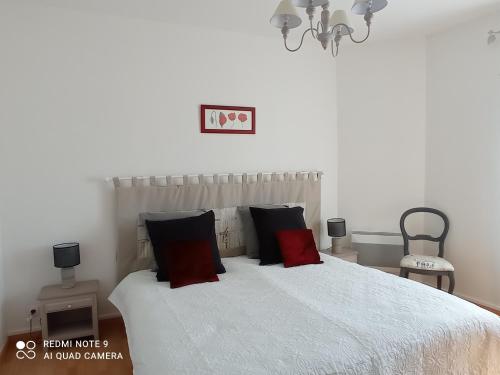 um quarto com uma cama branca e almofadas vermelhas em Les 26 Tanneurs appartement em Noyon