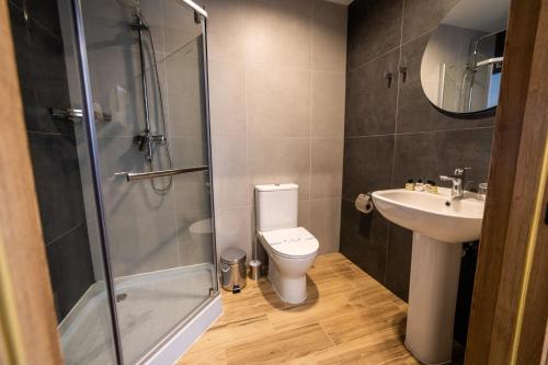 a bathroom with a shower and a toilet and a sink at A presto in Vinnytsya