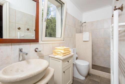 een badkamer met een wastafel, een toilet en een spiegel bij Villa Elpida in Katávolos