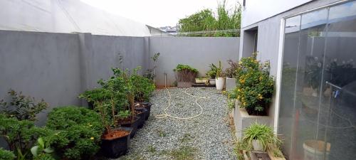 a courtyard with potted plants and a fence at KP Villa Dalat in Da Lat