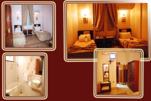 four pictures of a hotel room with beds and a bathroom at City View Museum Hotel in Cairo