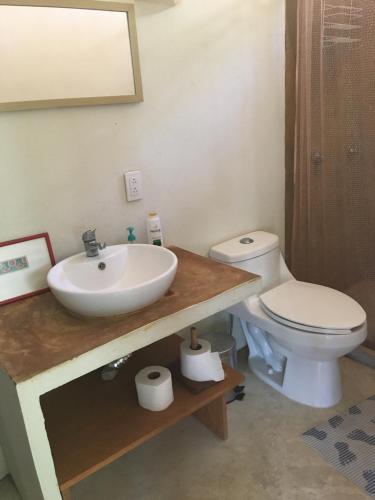 a bathroom with a sink and a toilet at Double Bed, Queen size, small kitchen, terrace, wi-fi- air condition in Cuatunalco