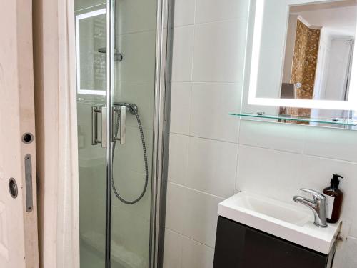 La salle de bains est pourvue d'une douche et d'un lavabo. dans l'établissement Suite Magelan, à Villeurbanne