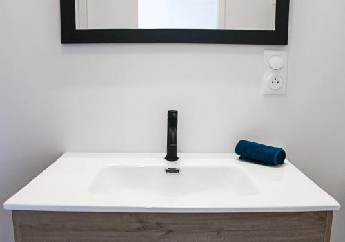 a sink in a bathroom with a mirror above it at Chambres d'hôtes du Val d'Asson in Montaigu-Vendée