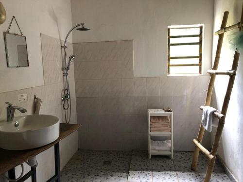 a bathroom with a sink and a shower at Karamaluu Garden Lodge in Gunjur