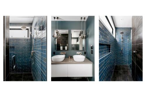 two pictures of a bathroom with two sinks and blue tiles at Luxury Escape with ocean views. in Papamoa