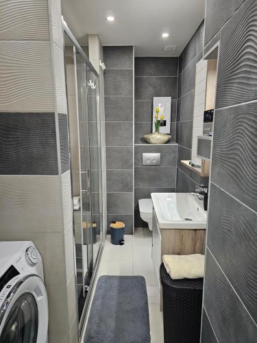 łazienka z umywalką i pralką w obiekcie Apartment SAND - Entry with PIN 0 - 24h, Luxury massage chair FREE CANCELLATION UNTIL 2 PM ON THE LAST DAY OF CHECK IN w mieście Slavonski Brod