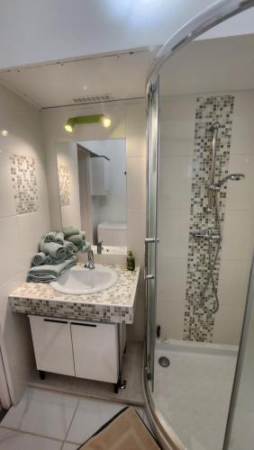 une salle de bain avec un lavabo et une douche dans l'établissement maisonnette de vacances proche plage, à Borgo