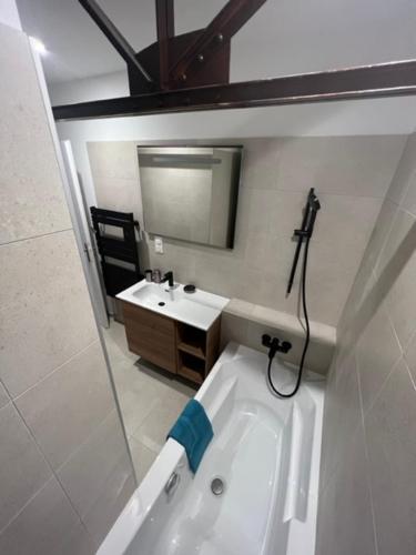 une salle de bain avec une baignoire blanche et un lavabo dans l'établissement Le Vox - appartement de centre-ville, à Montélimar
