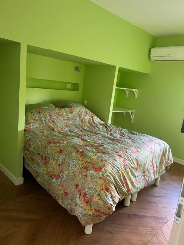 - une chambre verte avec un lit et une couette à fleurs dans l'établissement Le Vox - appartement de centre-ville, à Montélimar
