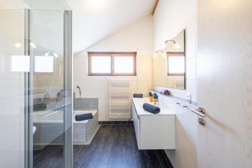 a bathroom with a shower and a sink and a toilet at Pütvia 245F in Scuol