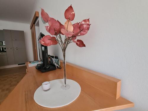 a vase with pink flowers on a table at Appartement Bürgerbräu Hermagor in Hermagor