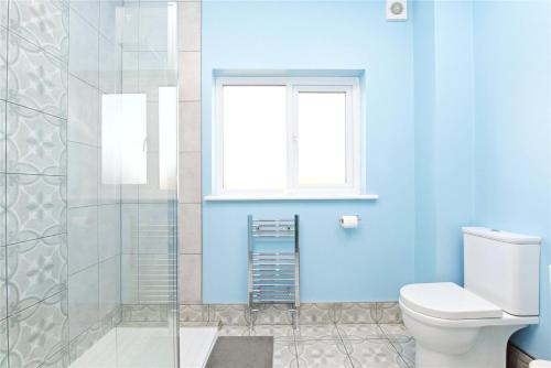 a blue bathroom with a toilet and a window at Equestrian Idyllic Victorian Retreat 