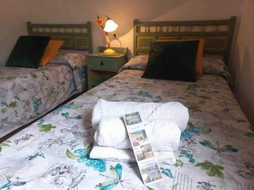 TerrienteにあるCasa rural La Endrinaのベッドルーム1室(ベッド2台、ベッド上にタオル付)