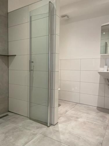 a glass shower in a bathroom with a sink at Landgasthof Hieren Mühle in Ney