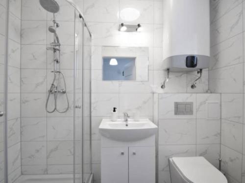 uma casa de banho com um chuveiro, um lavatório e um WC. em Domki Sielski Zakątek em Sarbinowo