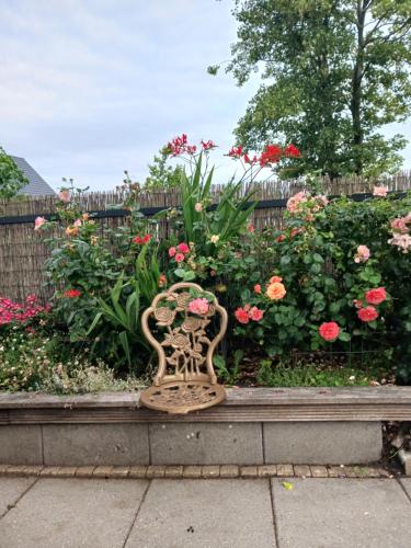 een bankje voor een tuin met bloemen bij Huize Bloem in Firdgum